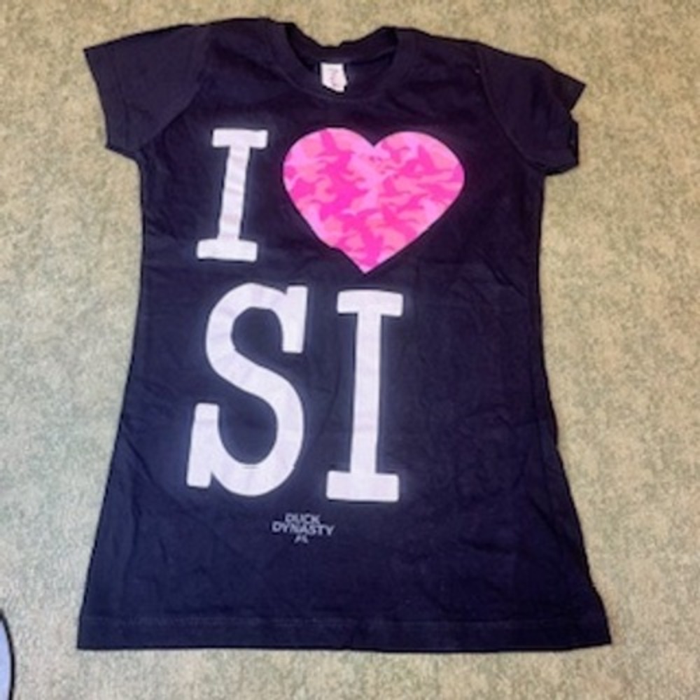 Duck‎ Dynasty I Heart Si Pink Camo Graphic Tee Black Cotton T-Shirt Womens XS